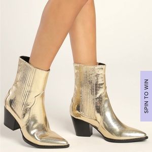 Lulus—Vaylyn Gold Pointed-Toe Mid Calf Boots